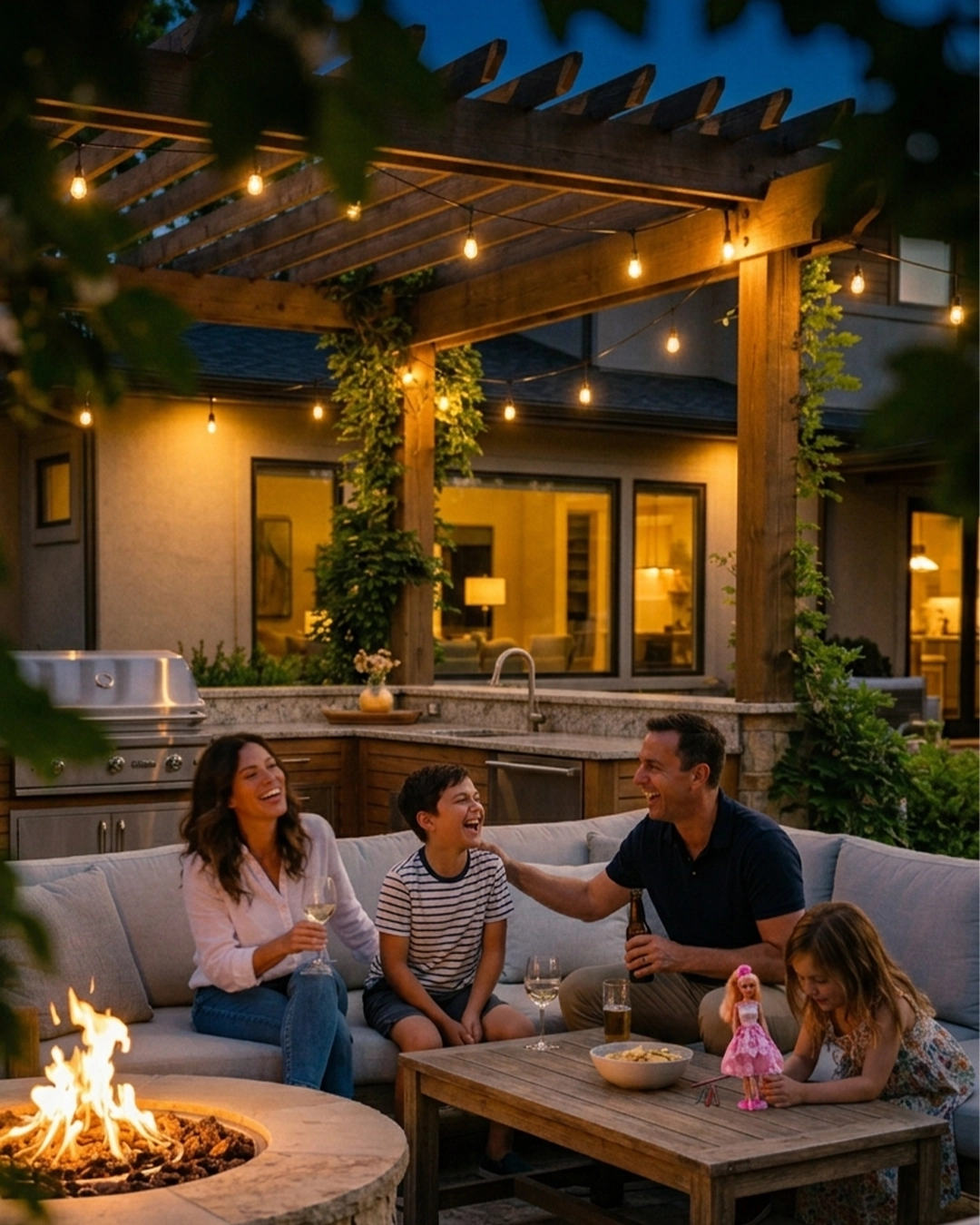 Family enjoying outdoor living space by D4 Landscaping